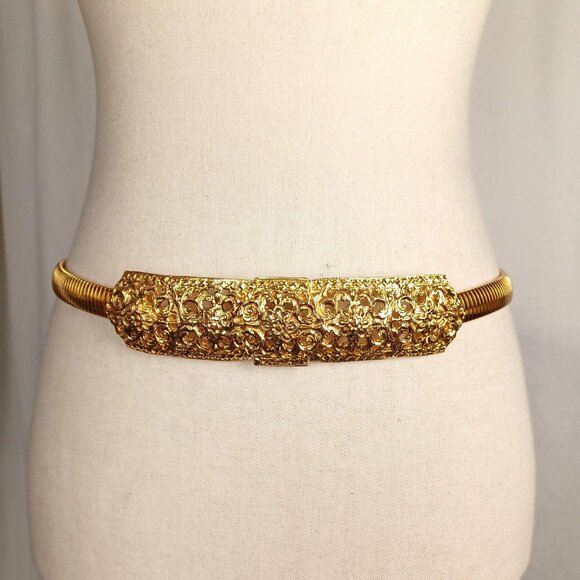 Vintage 70s Accessocraft NYC Floral Omega Chain STRETCH Metal Belt, 26 - 32" - Picture 1 of 9